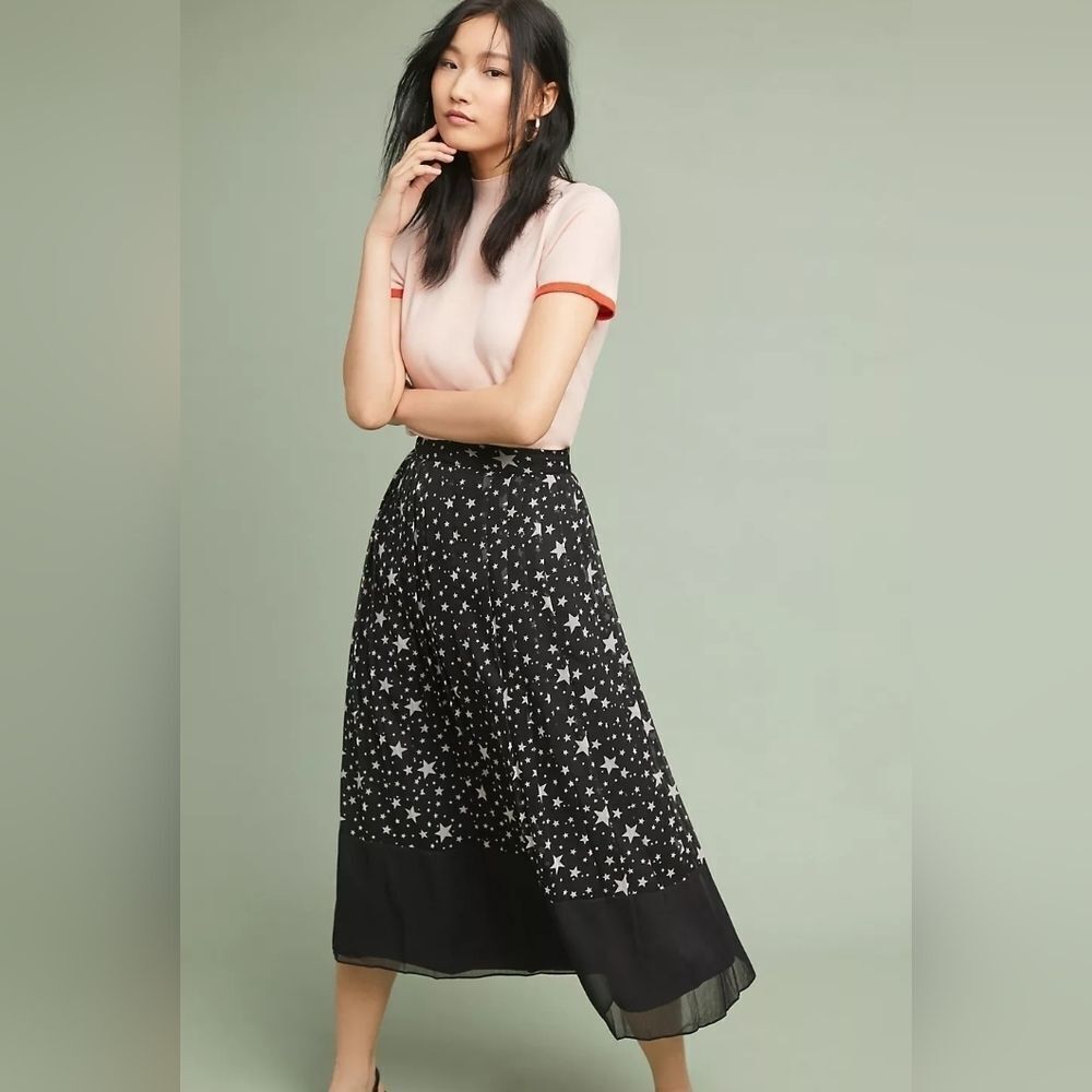 NWT Anthropologie Ranna Gill Black/White Celestial Star Print Midi Skirt‎ XS